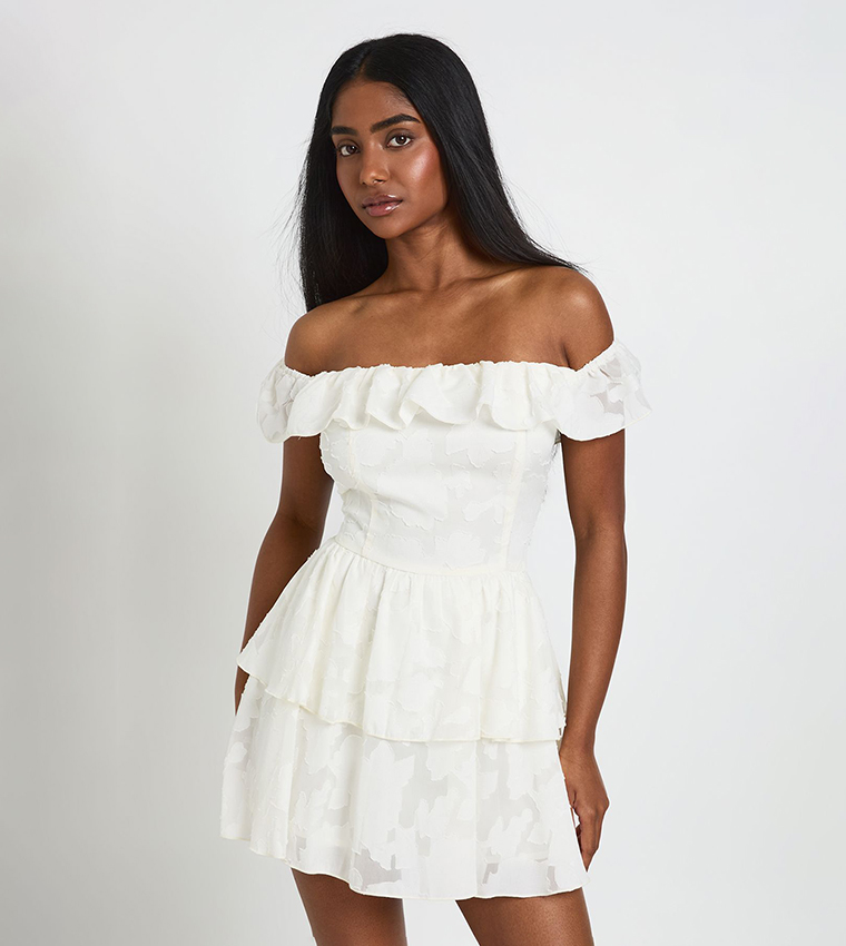 Textured Floral Bardot Mini Dress