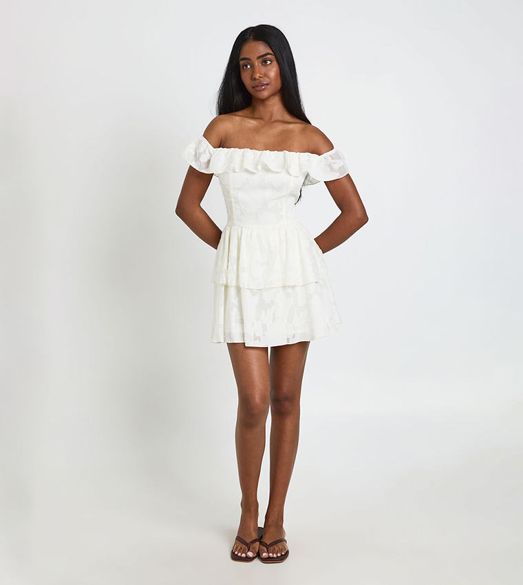 Textured Floral Bardot Mini Dress