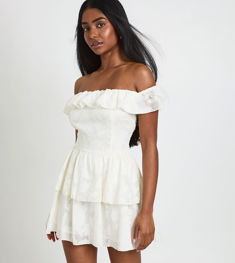 Textured Floral Bardot Mini Dress