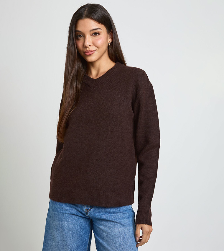 boohoo  V-neck Sweaters - Brown V-neck Sweaters