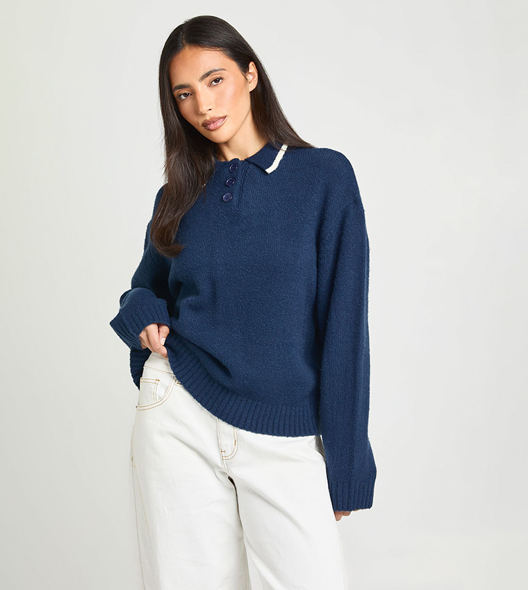 Contrast Collared Chunky Knitted Sweater