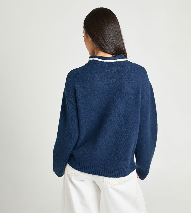 Contrast Collared Chunky Knitted Sweater