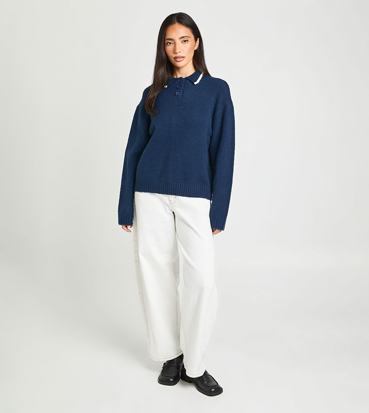 Contrast Collared Chunky Knitted Sweater