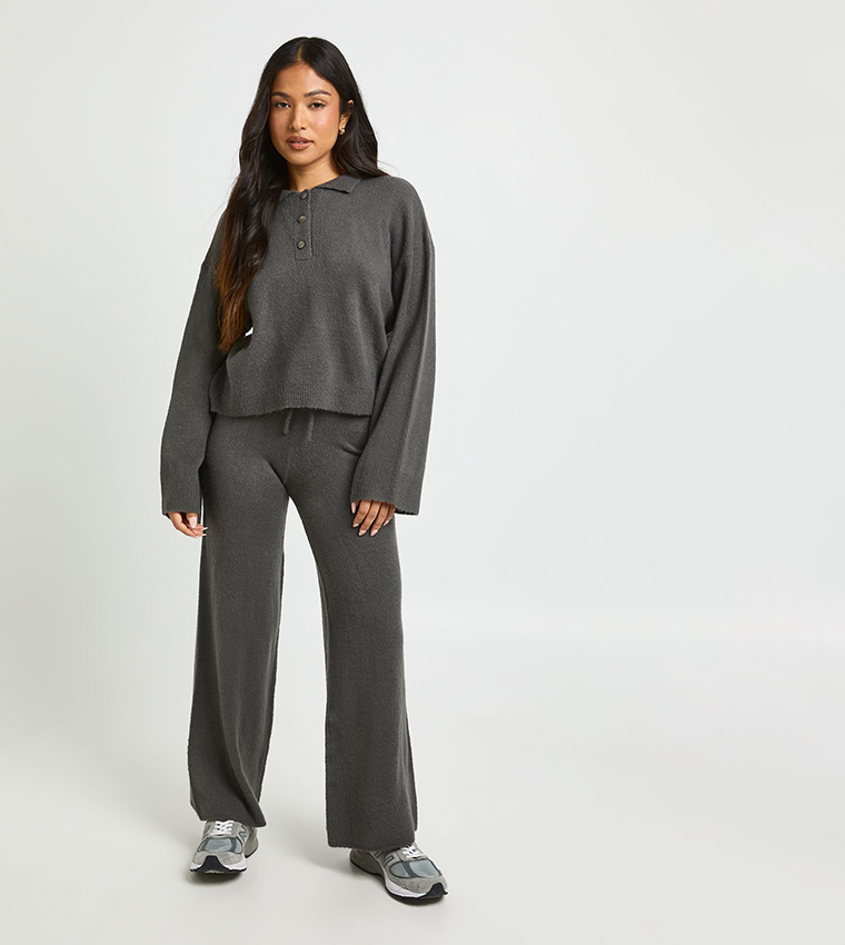 Petite Collared Button Down Sweater and Trouser Set
