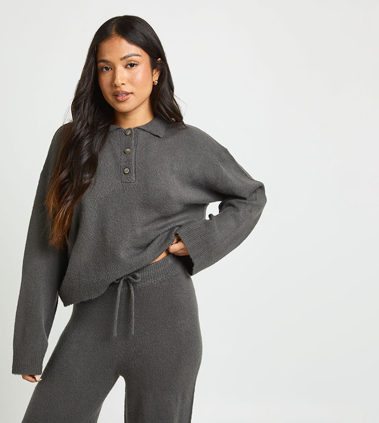 Petite Collared Button Down Sweater and Trouser Set