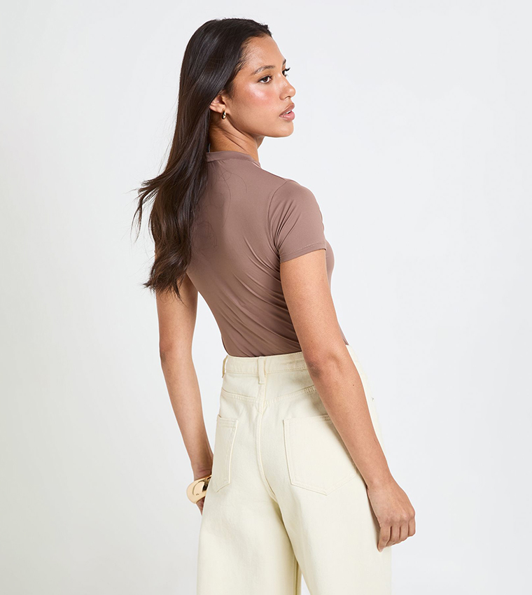 Second Skin Short Sleeves Mock Neck Bodysuit Top