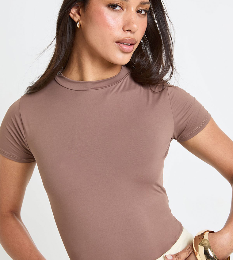 Second Skin Short Sleeves Mock Neck Bodysuit Top