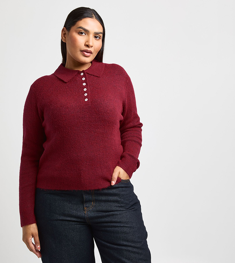 Curve Button Collared Knitted Sweater