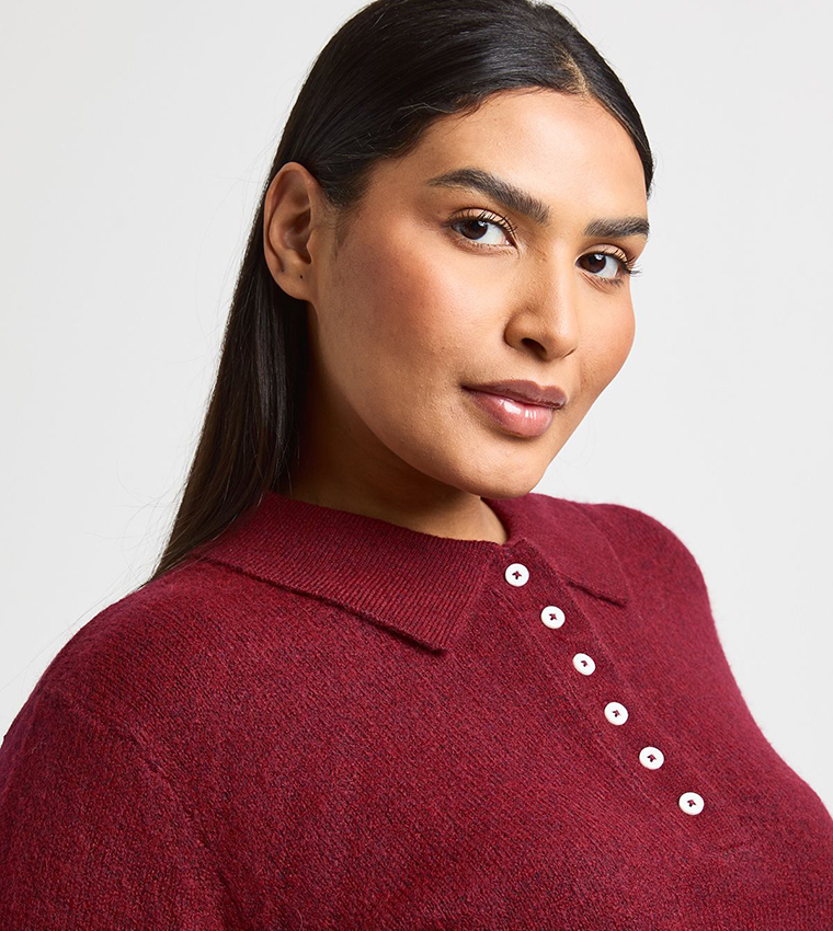 Curve Button Collared Knitted Sweater