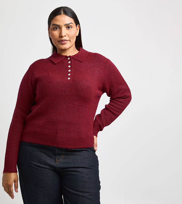 Curve Button Collared Knitted Sweater