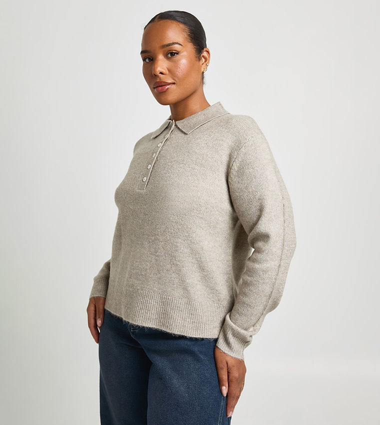 Curve Button Collared Knitted Sweater