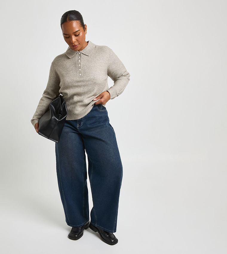 Curve Button Collared Knitted Sweater