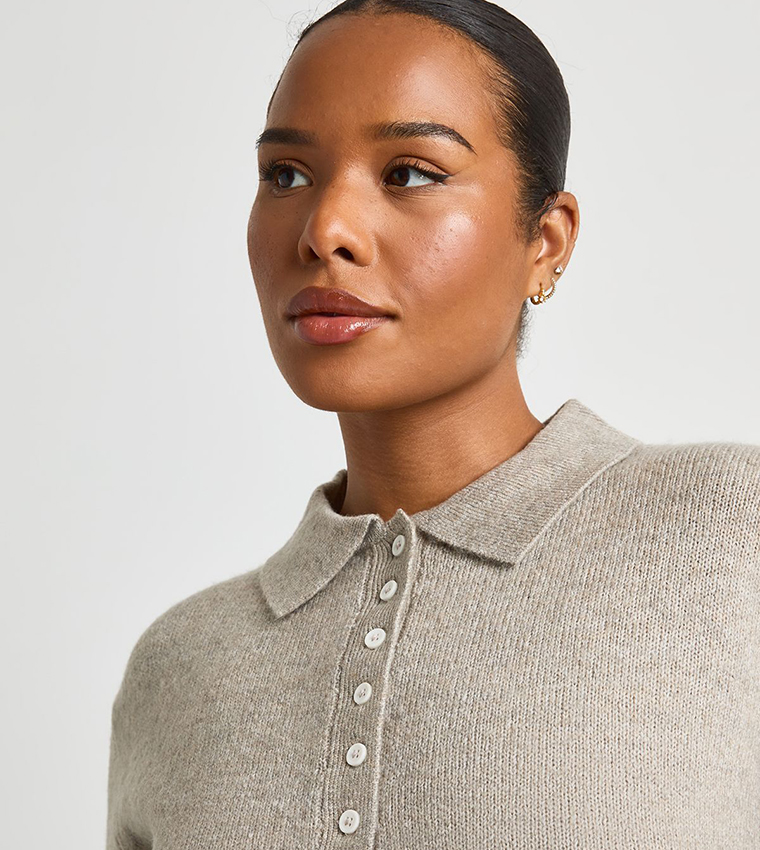 Curve Button Collared Knitted Sweater