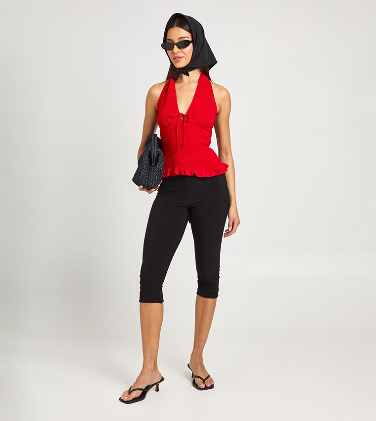 Tie Front Shirred Halterneck Top