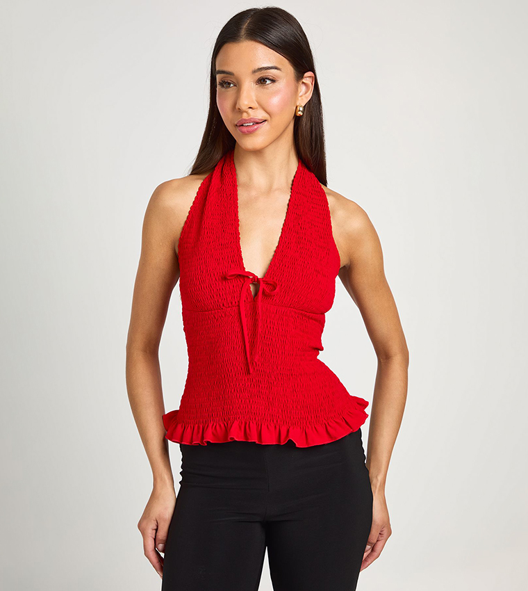 Tie Front Shirred Halterneck Top