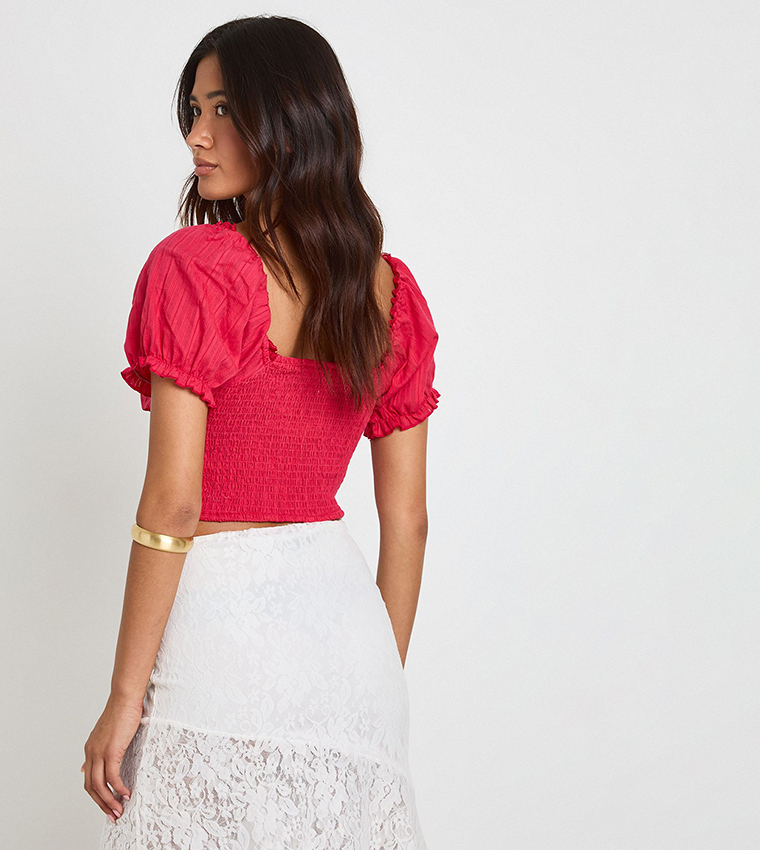 Jacquard Tie Front Corset Short Sleeves Top