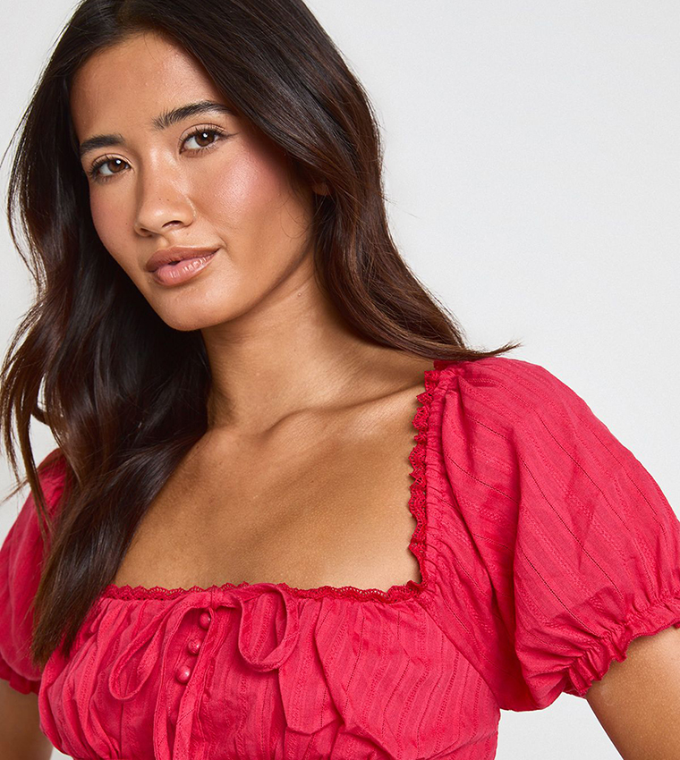Jacquard Tie Front Corset Short Sleeves Top