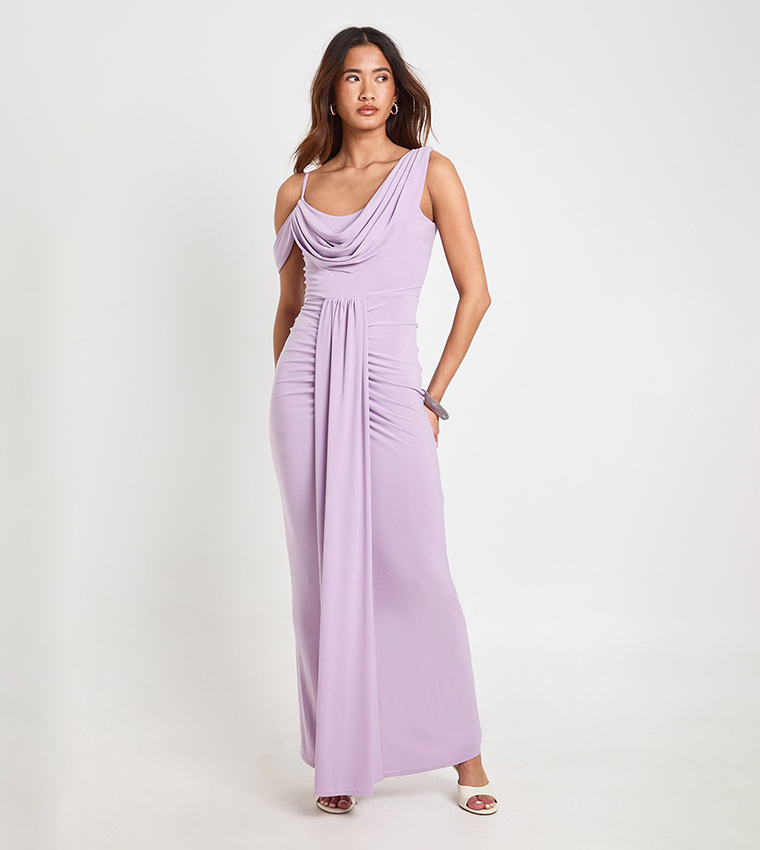 Double Layer Slinky Drape Front Cold Shoulder Maxi Dress