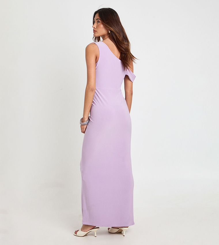 Double Layer Slinky Drape Front Cold Shoulder Maxi Dress