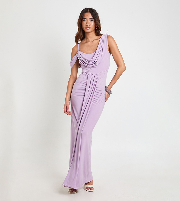 Double Layer Slinky Drape Front Cold Shoulder Maxi Dress
