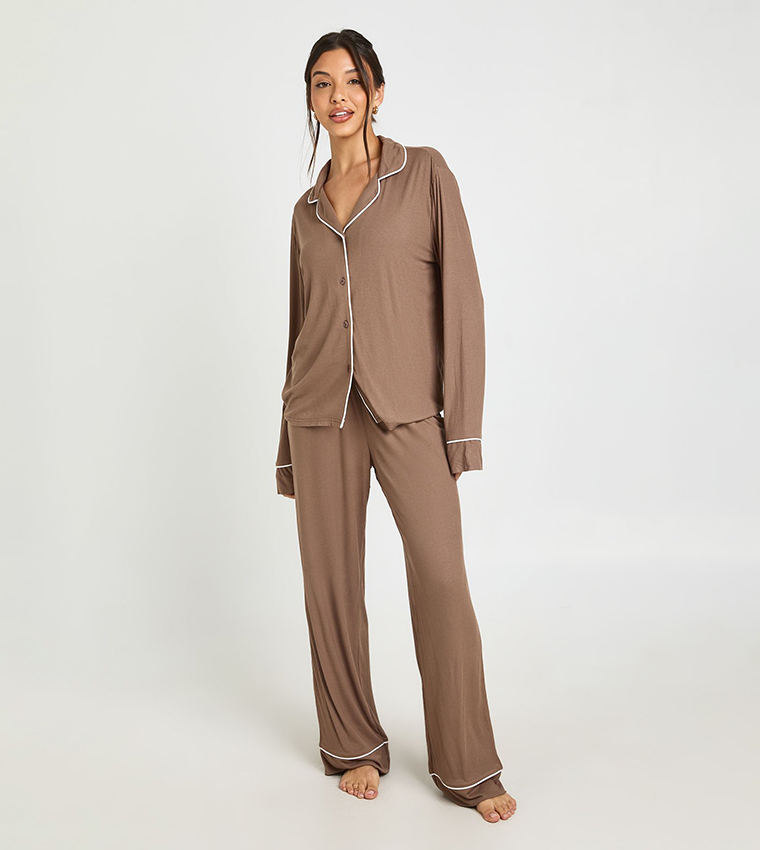 Piping Detail Soft Rib Long Sleeves Shirt & Trouser Pyjama Set