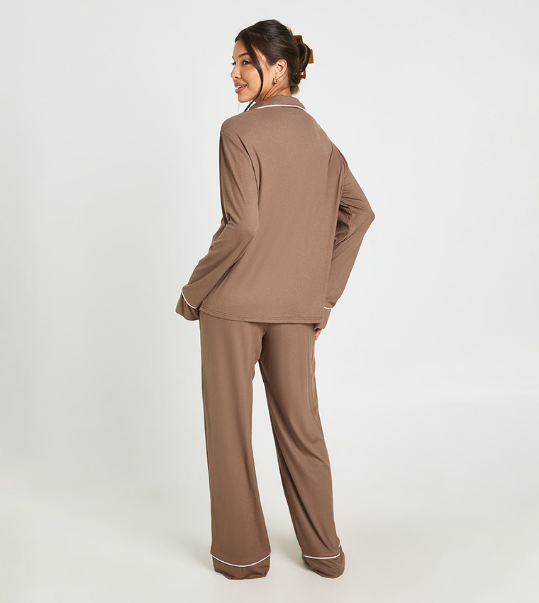 Piping Detail Soft Rib Long Sleeves Shirt & Trouser Pyjama Set