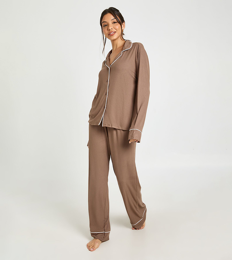 Piping Detail Soft Rib Long Sleeves Shirt & Trouser Pyjama Set