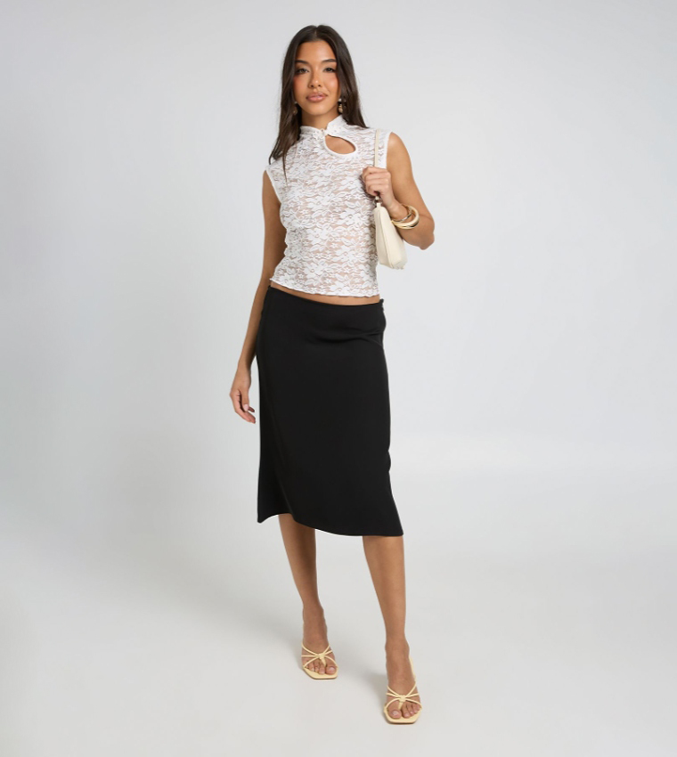 Solid Woven Midi Skirt