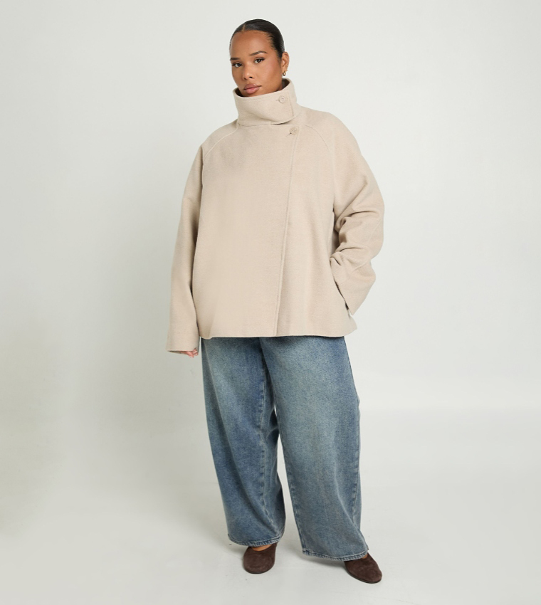 Curve Funnel Neck Wool Look Jacket