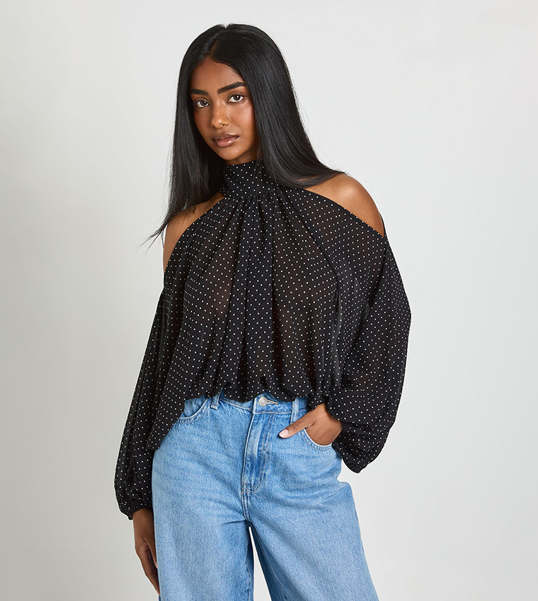 Buy Boohoo Polka Dots Chiffon Cold Shoulder Volume Sleeves Top In