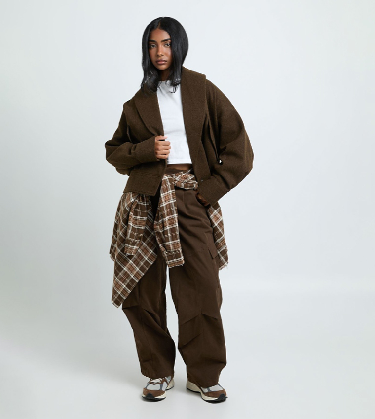Wrap Shawl Collar Wool Look Jacket