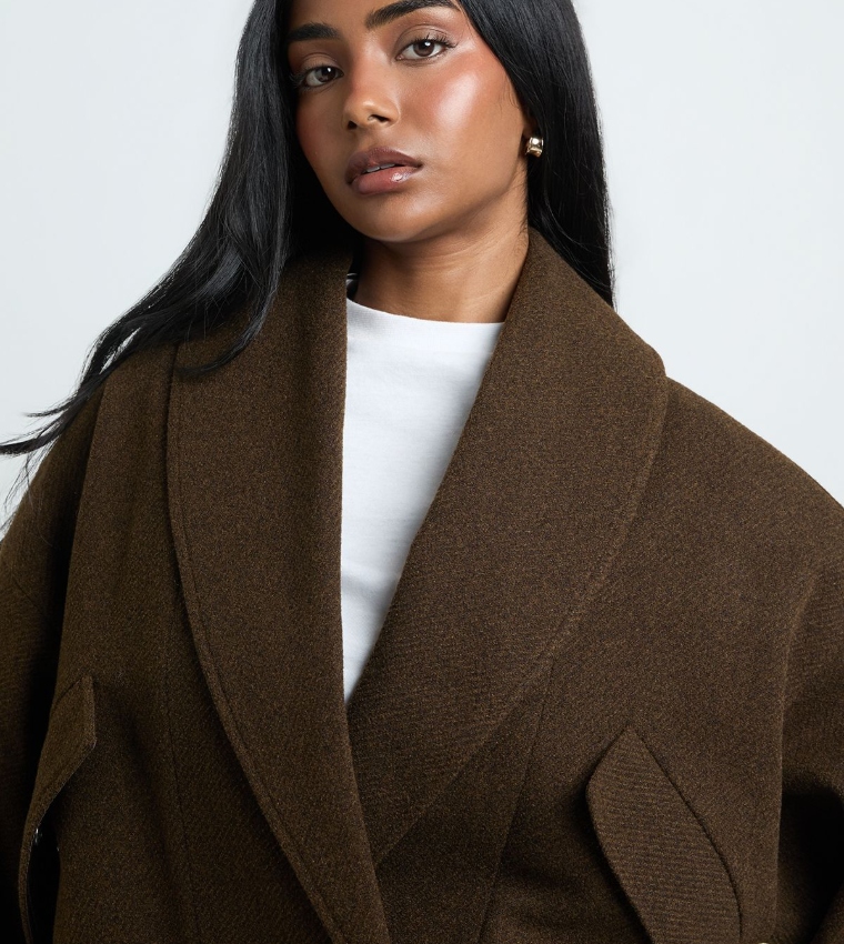 Wrap Shawl Collar Wool Look Jacket