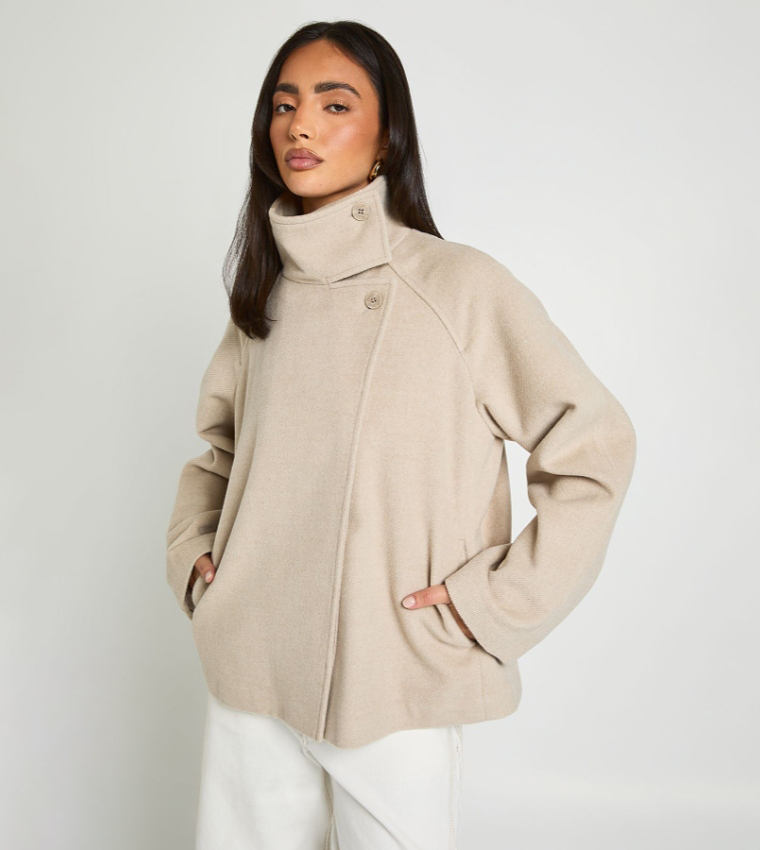 Solid High Neck Wool Look Jacket