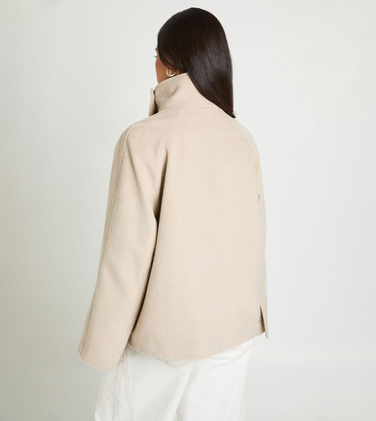 Solid High Neck Wool Look Jacket