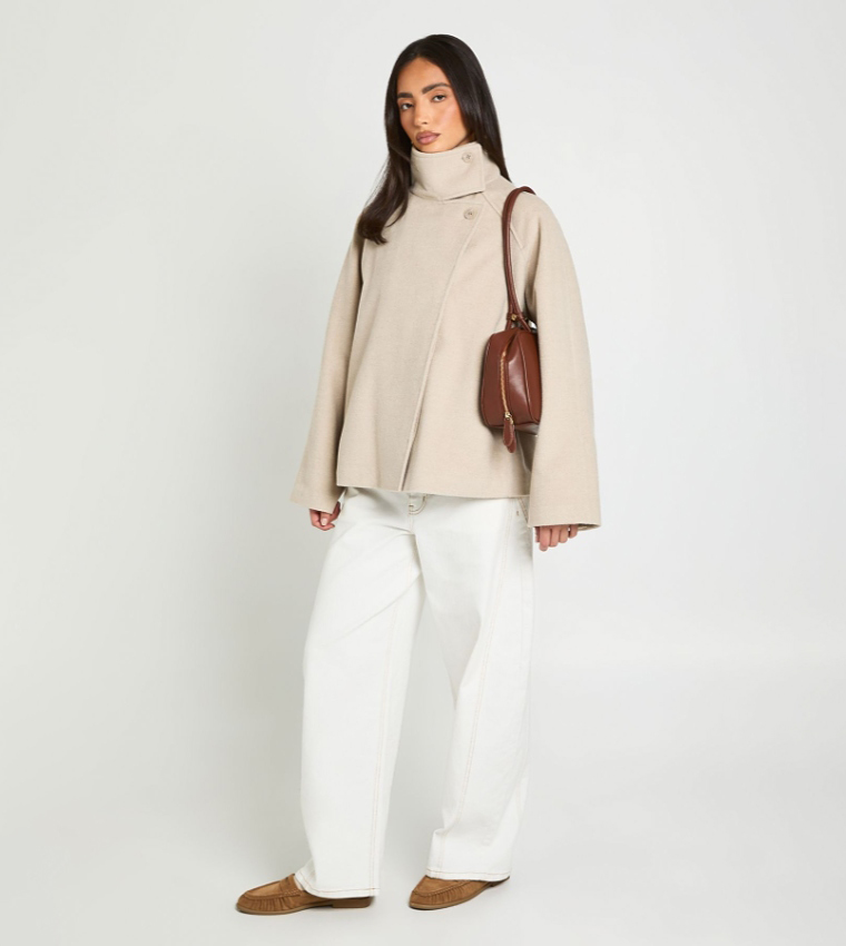 Solid High Neck Wool Look Jacket