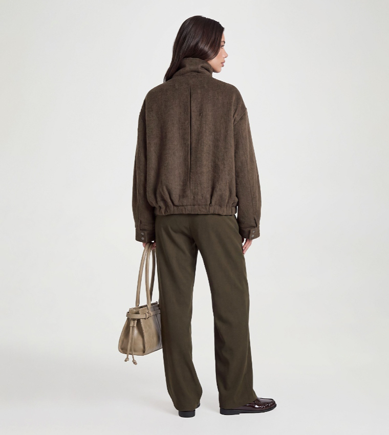 Textured Funnel Neck Wool Look Jacket