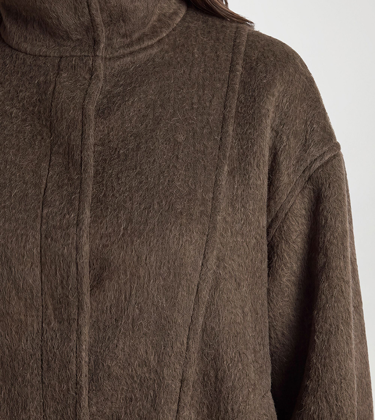 Textured Funnel Neck Wool Look Jacket