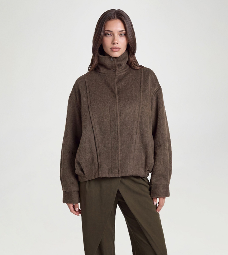 Textured Funnel Neck Wool Look Jacket