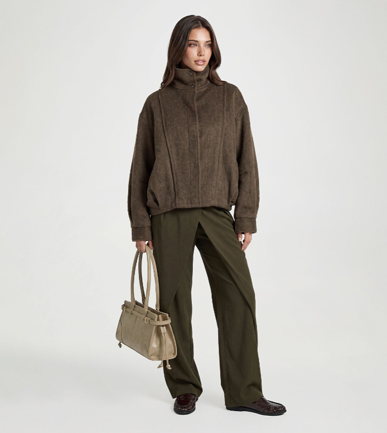 Textured Funnel Neck Wool Look Jacket