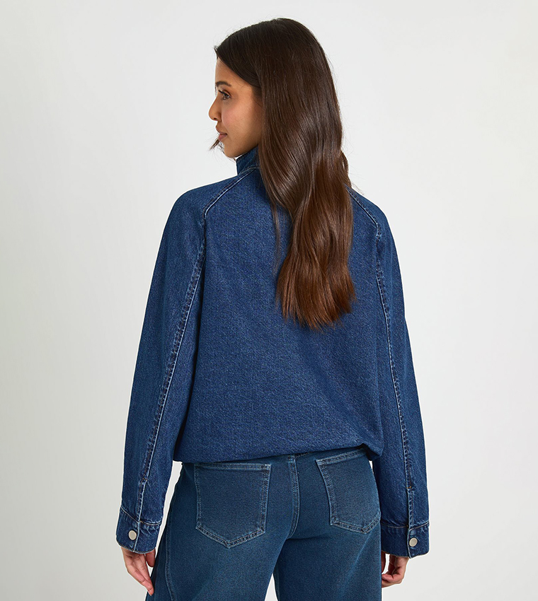 High Neck Denim Bomber Jacket