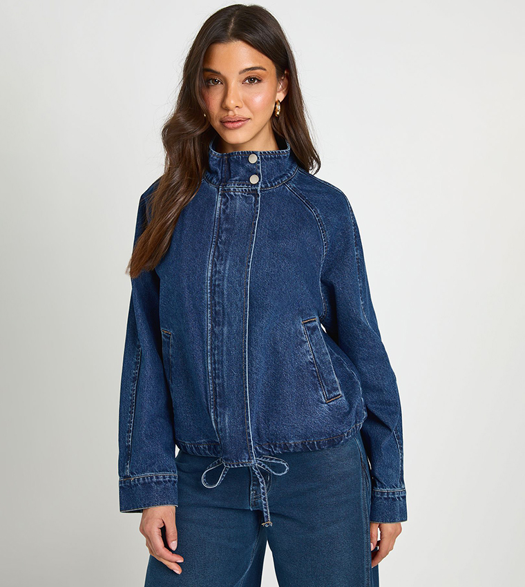 High Neck Denim Bomber Jacket
