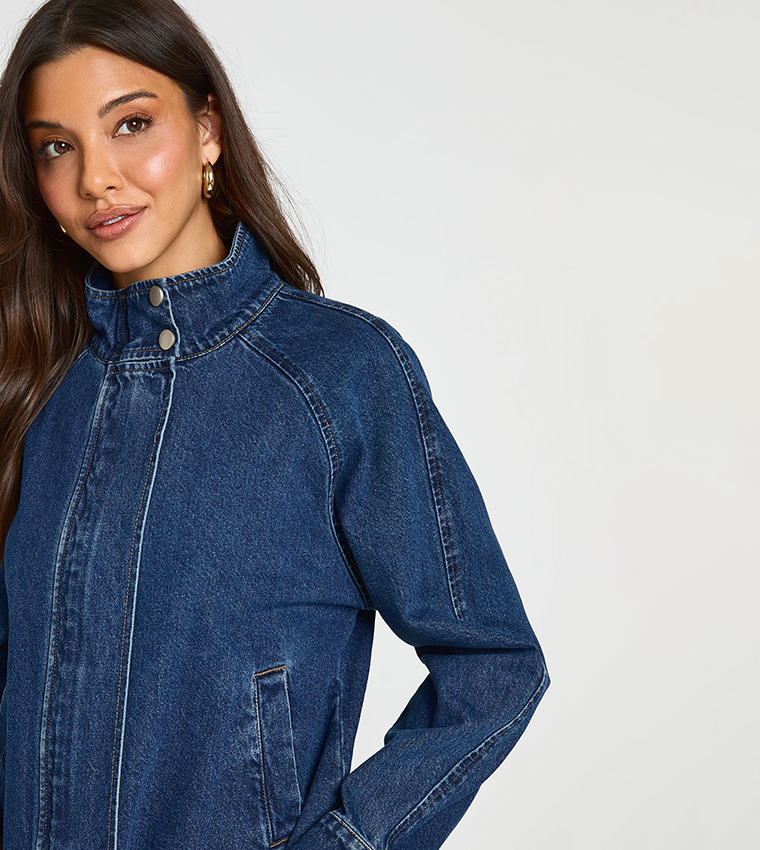 High Neck Denim Bomber Jacket