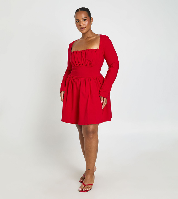 boohoo red skater dress Red Extreme Satin Structured Square Neck Skater Dress