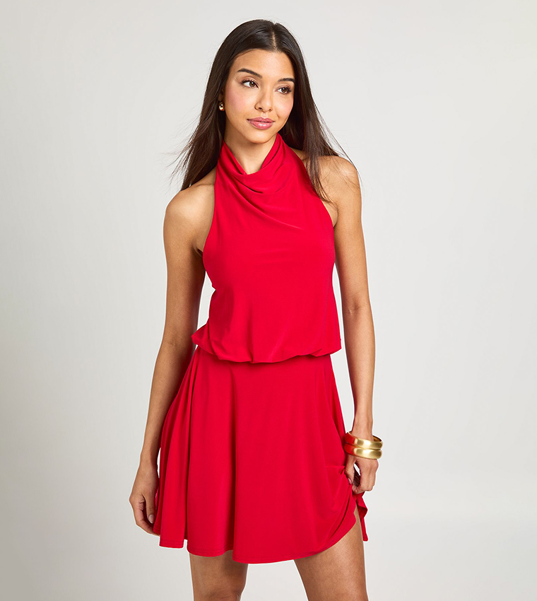 Drop Waist High Neck Open Back Mini Dress