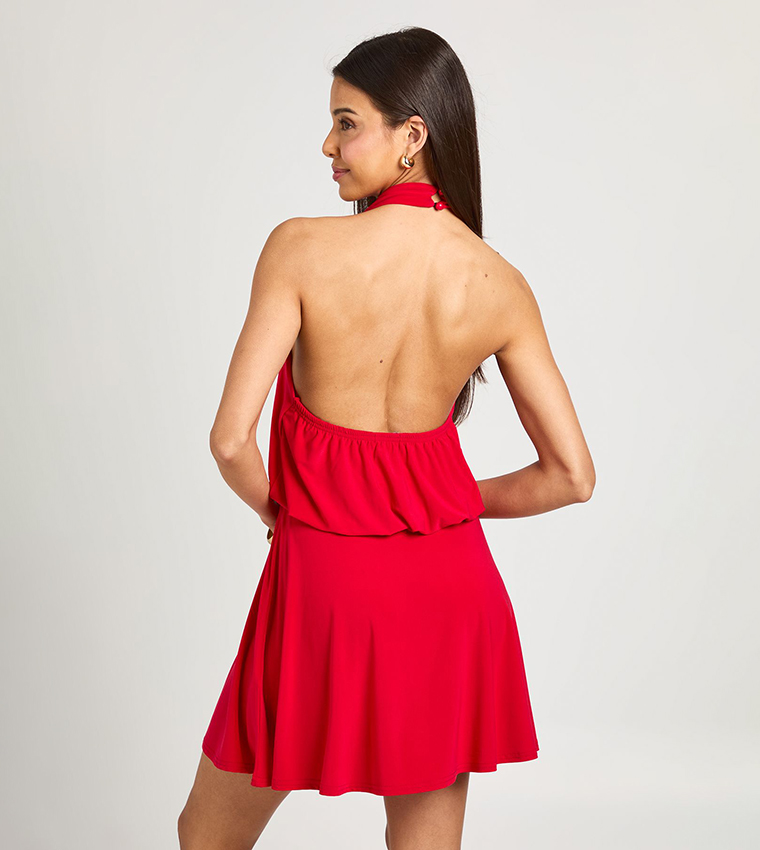 Drop Waist High Neck Open Back Mini Dress