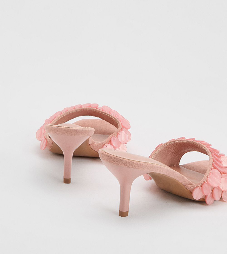Faux Suede Shell Detail Heeled Sandals