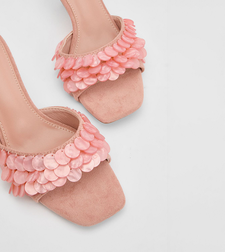 Faux Suede Shell Detail Heeled Sandals
