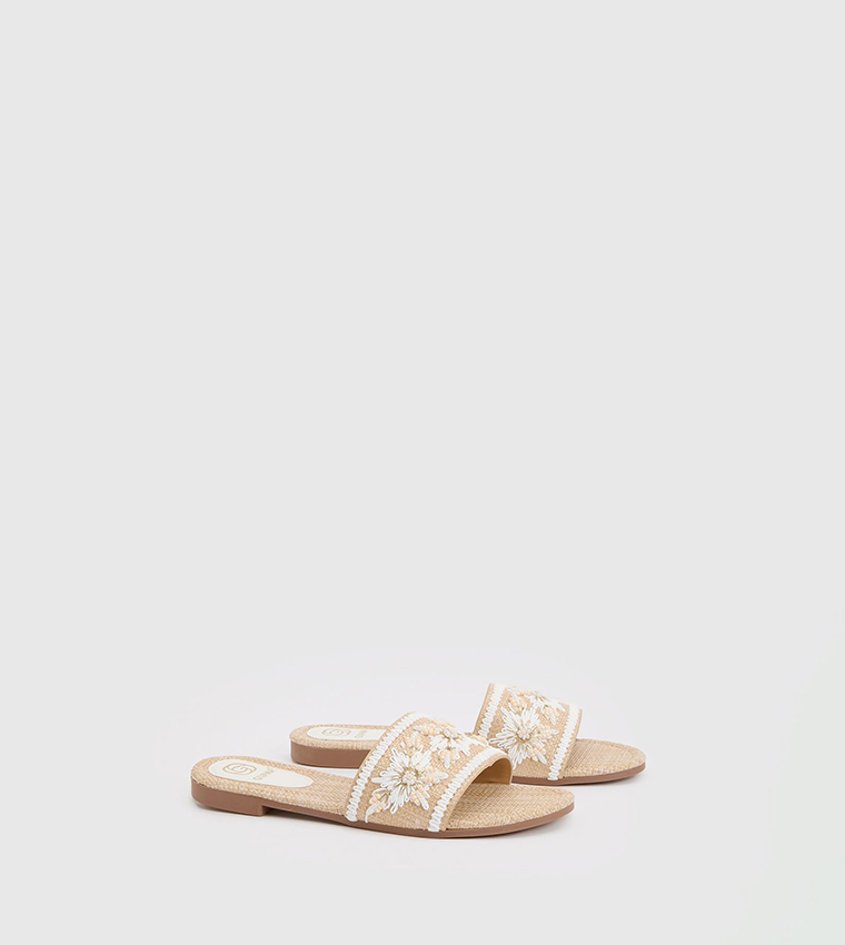Contrast Raffia Beaded Flat Sandals