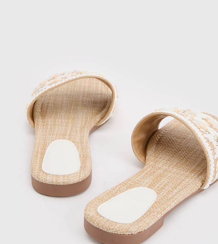 Contrast Raffia Beaded Flat Sandals