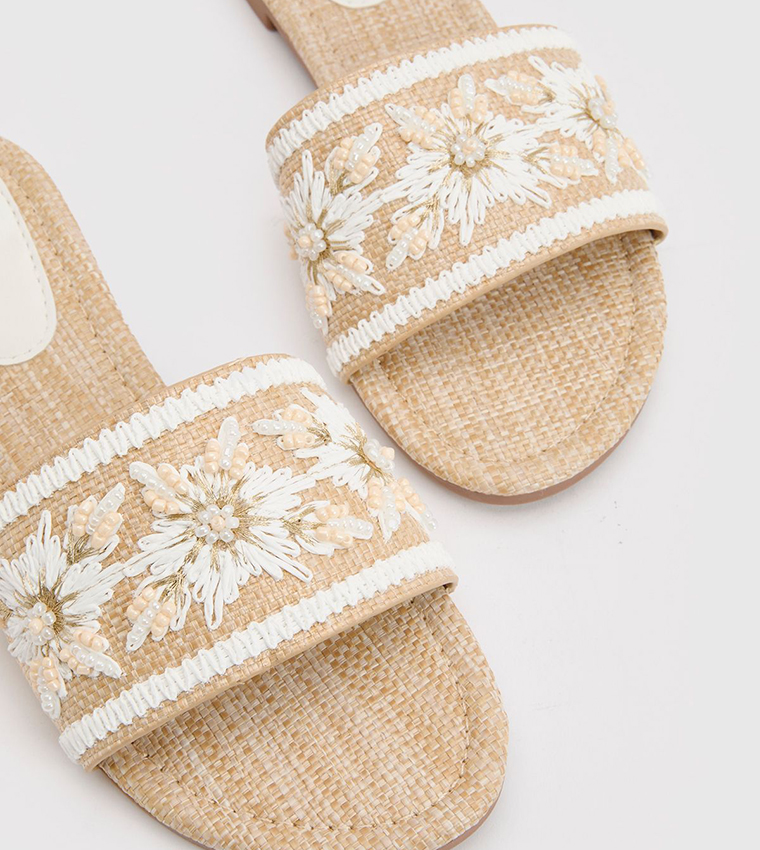 Contrast Raffia Beaded Flat Sandals